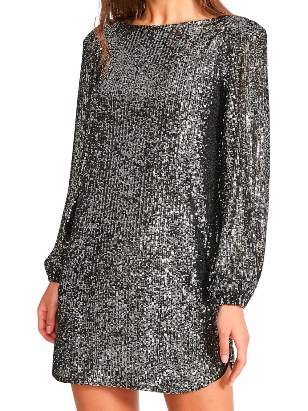 Steve Madden Glam Disco Silver Sequin Holiday Cocktail LongSleeve Mini Dress Lrg